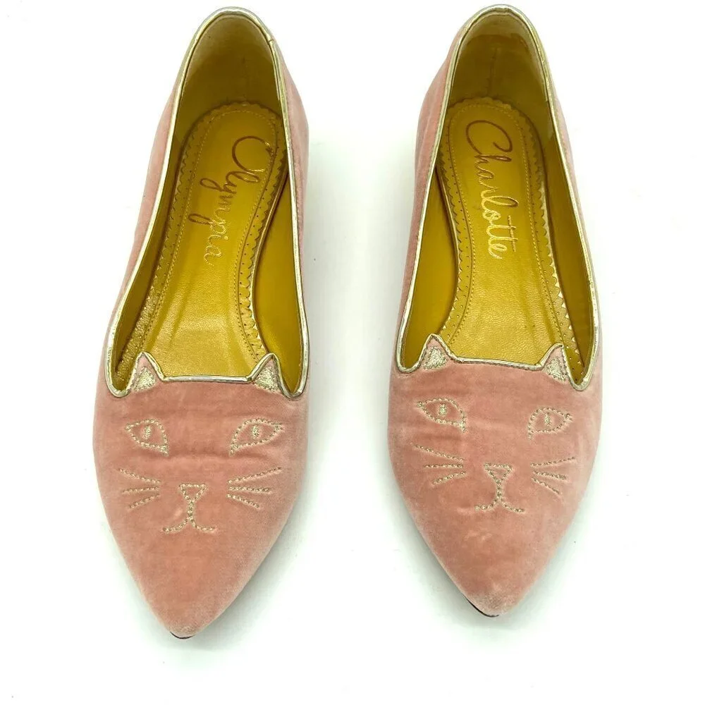 Charlotte Olympia Mid Century Kitty Cat Pink Velvet Pointed Flat EU 36 US 5.5-6 - Picture 2 of 12